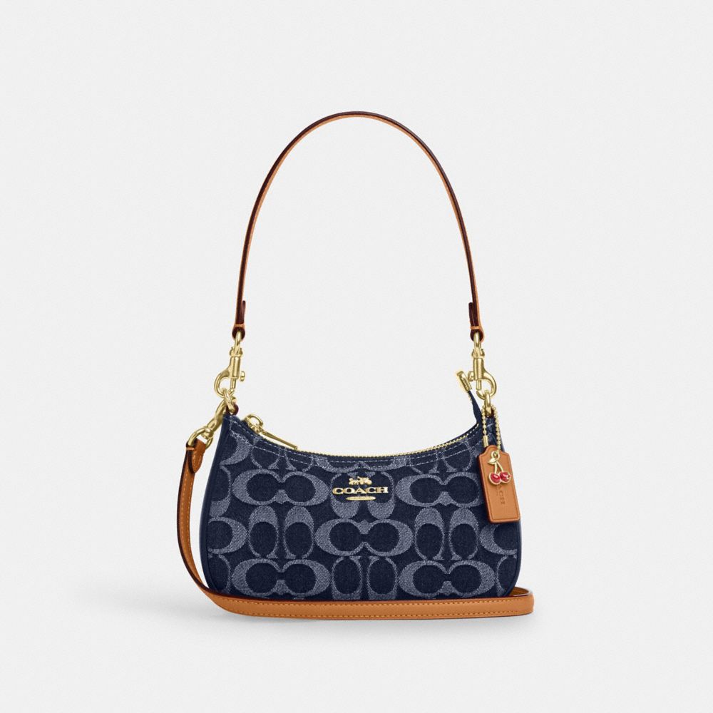 COACH®,Teri Mini Crossbody Bag In Signature Denim,Cotton,Denim,Leather,Crossbody,Metal,Casual,Navy,Front View