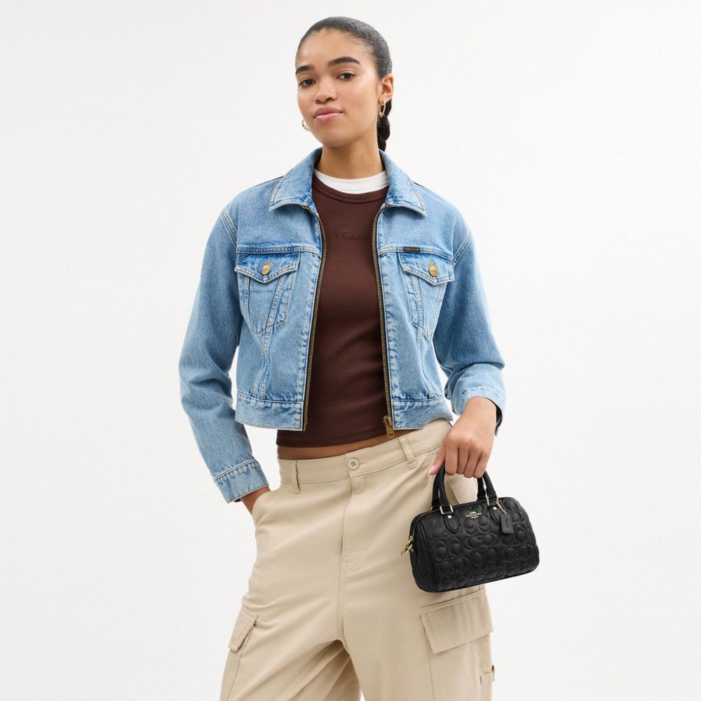 COACH®,Mini Rowan Crossbody Bag In Signature Leather,Leather,Bowler Bag,Casual,Black,Detail View