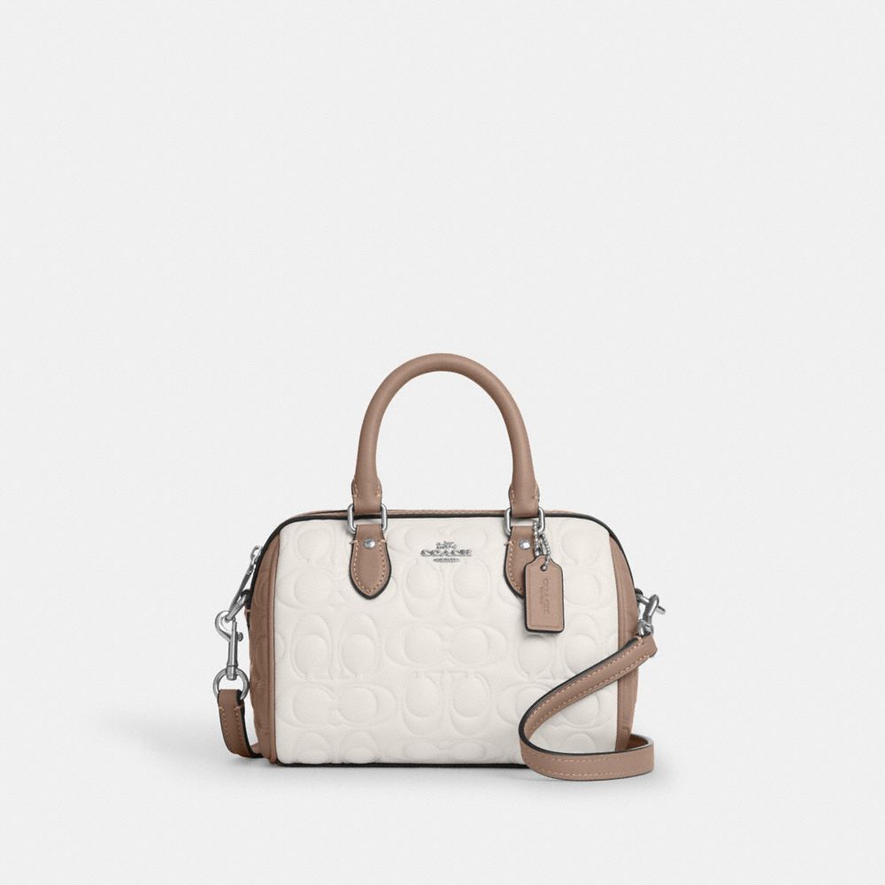 COACH®,Mini Rowan Crossbody Bag In Blocked Signature Leather,Leather,Bowler Bag,Color Block,Casual,Work,Cream,Front View image number 0