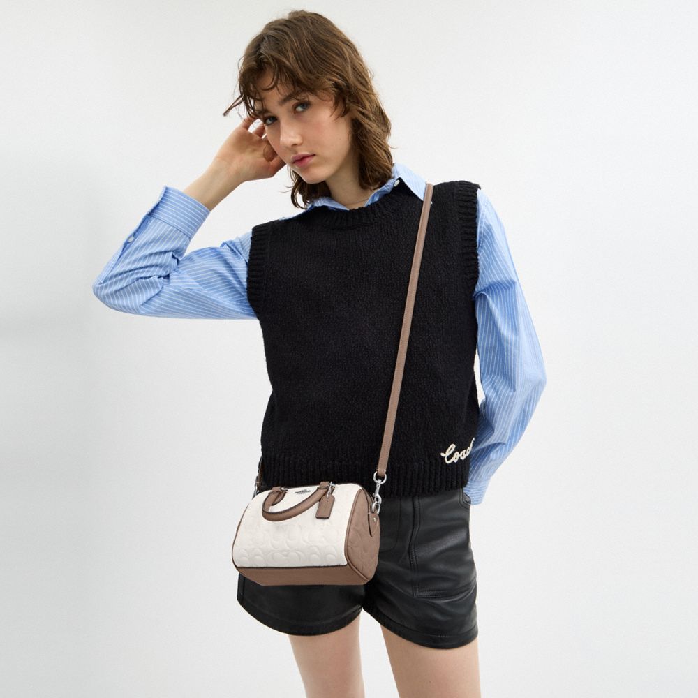 COACH®,Mini Rowan Crossbody Bag In Blocked Signature Leather,Leather,Bowler Bag,Color Block,Casual,Work,Cream,Detail View