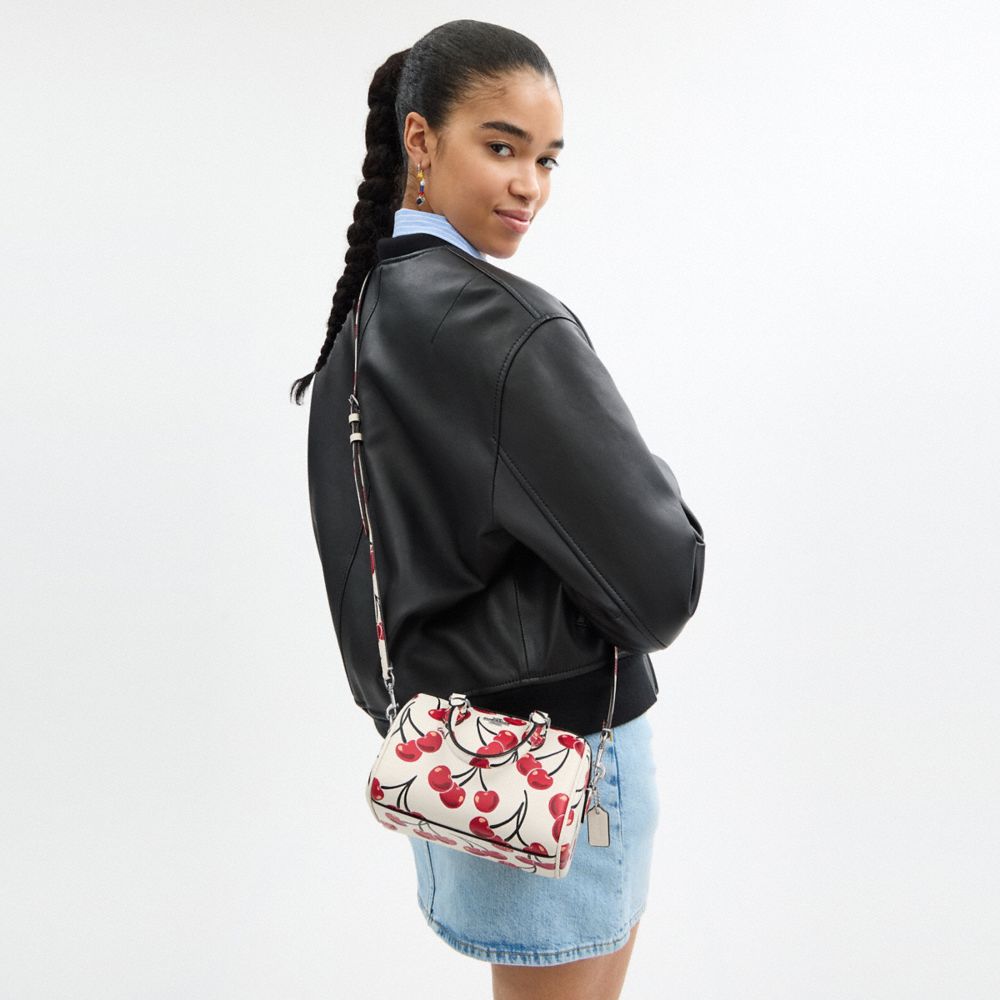 COACH®,Mini Rowan Crossbody Bag With Cherry Print,Leather,Barrel Bag,Metal,Logo,Adjustable,Casual,White,Detail View