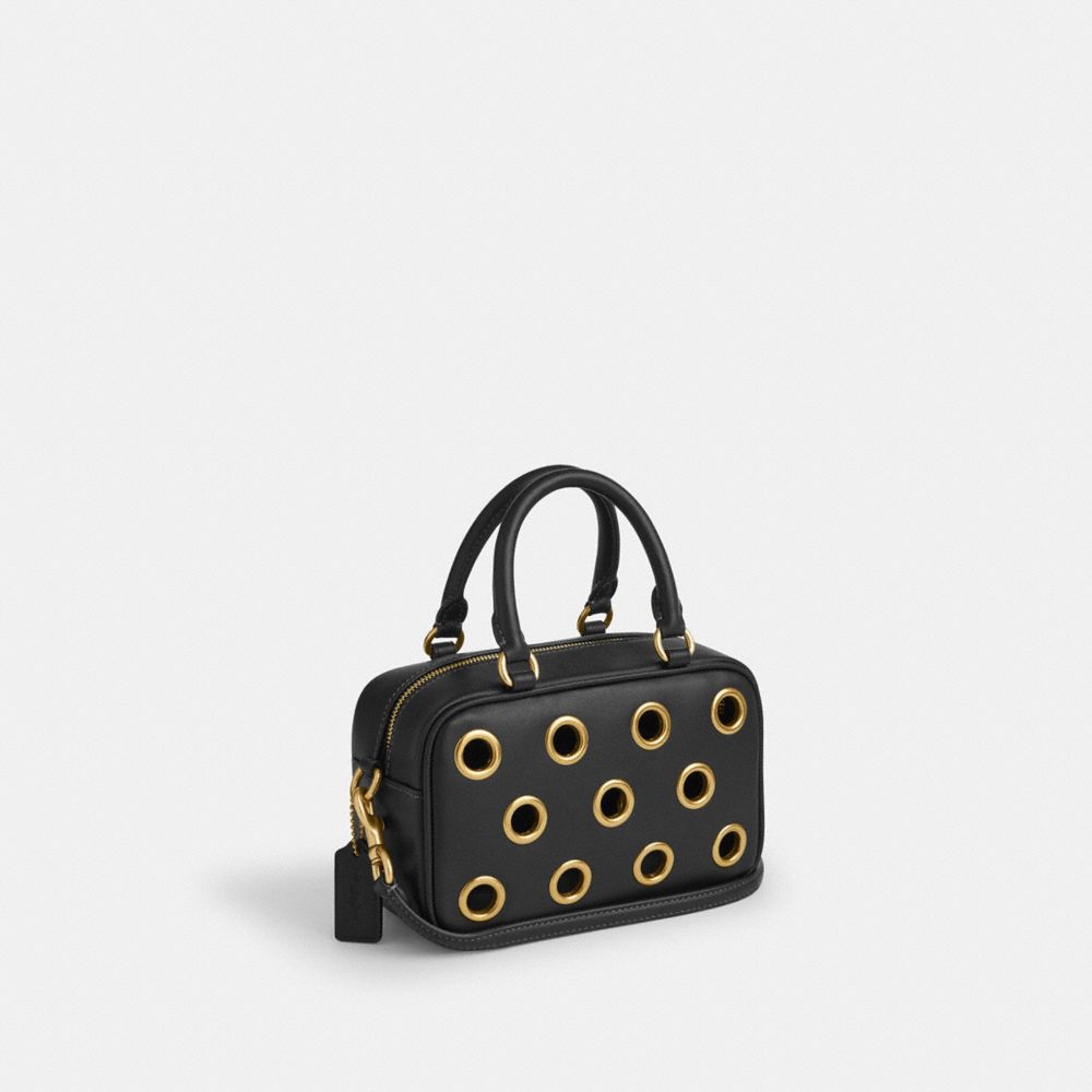 COACH®,Satchel Crossbody Bag With Grommets,Leather,Crossbody,Grommet,Metal,Embossed,Logo,Day Party,Black,Angle View