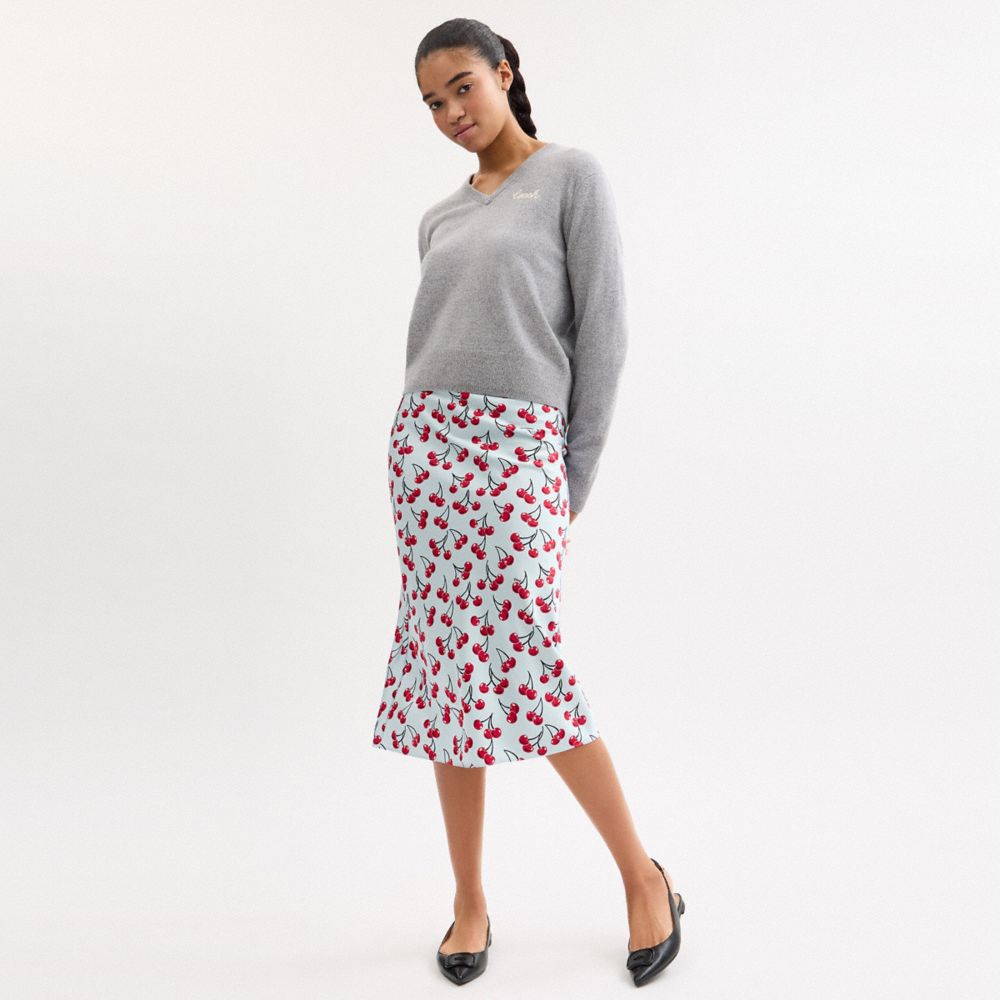 COACH®,Cherry Print Midi Skirt,Polyester,A-Line,Slip,Day Party,White,Scale View