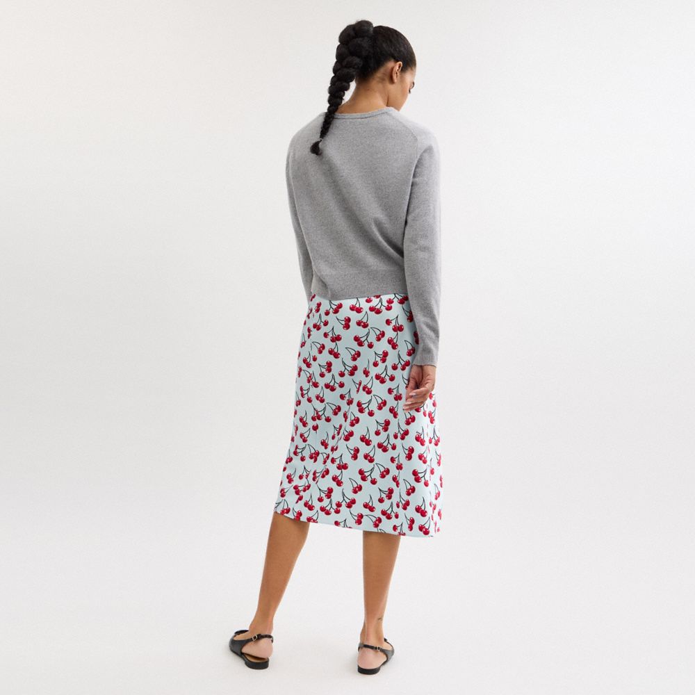 COACH®,Cherry Print Midi Skirt,Polyester,A-Line,Slip,Day Party,White,Scale View