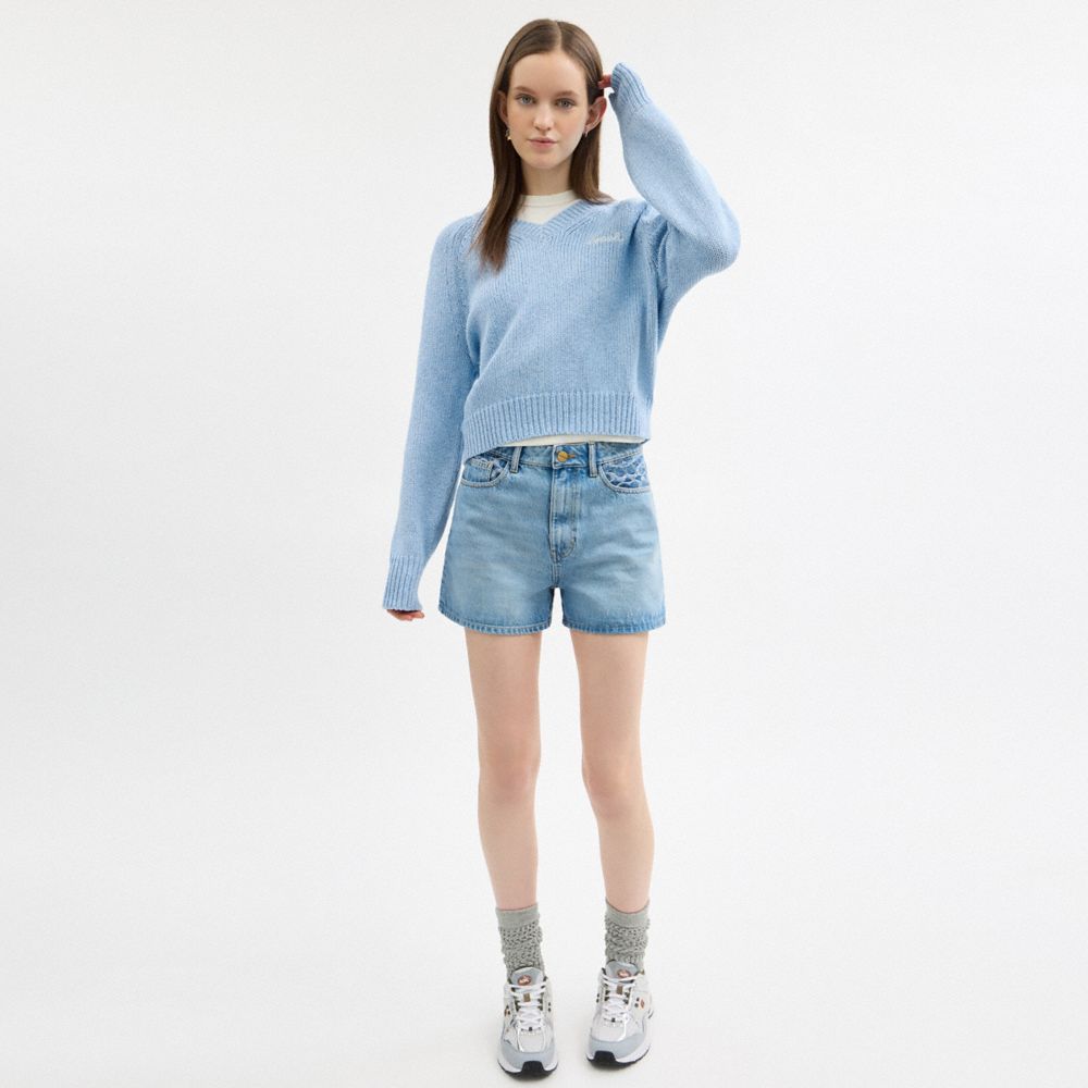 COACH®,クロップド Vネック セーター,トップス&ワンピース,ﾗｲﾄ ﾌﾞﾙｰ