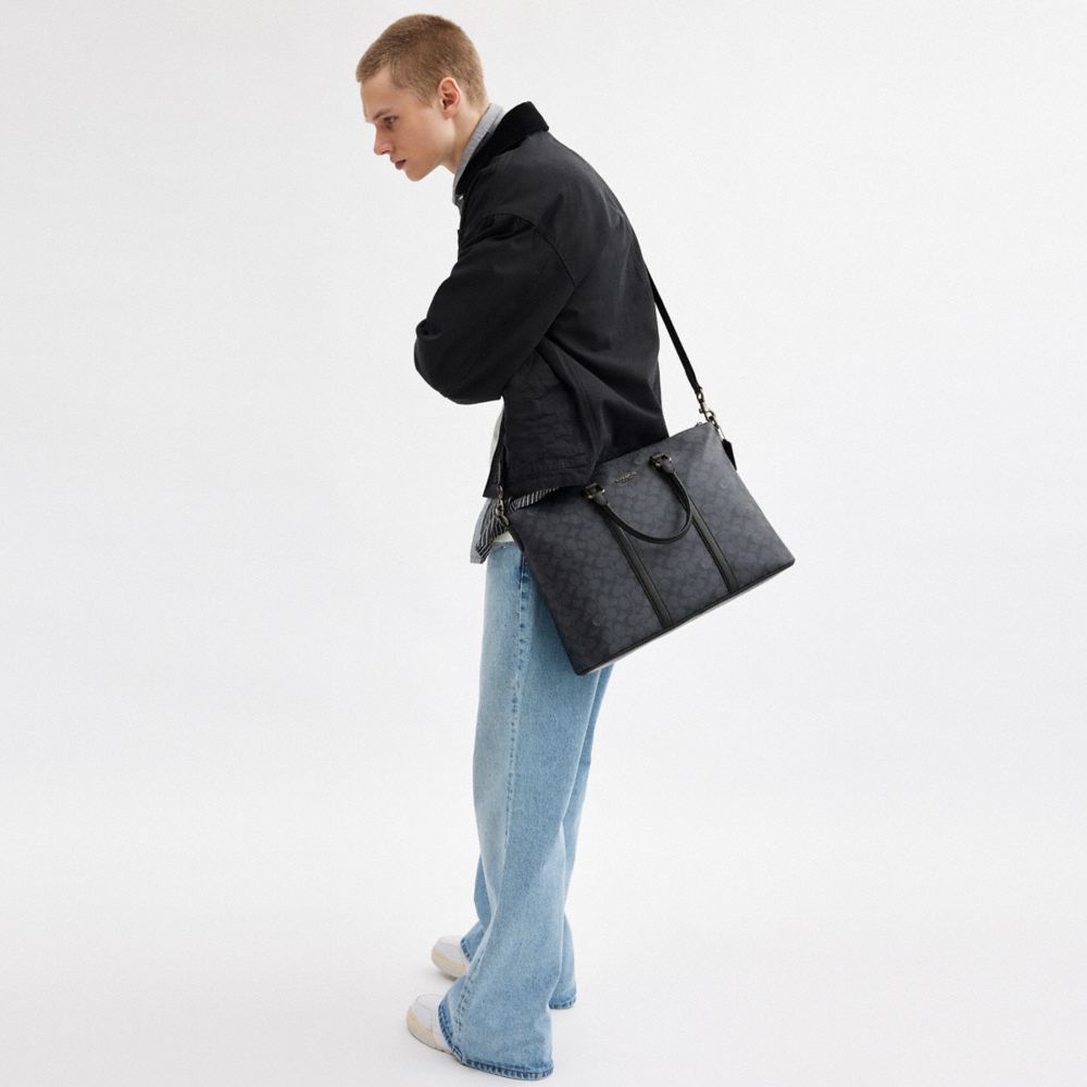 COACH®,Caleb Work Bag In Signature Canvas,Calfskin Leather,Canvas,Tote,Stripe,Work,Casual,Black,Detail View