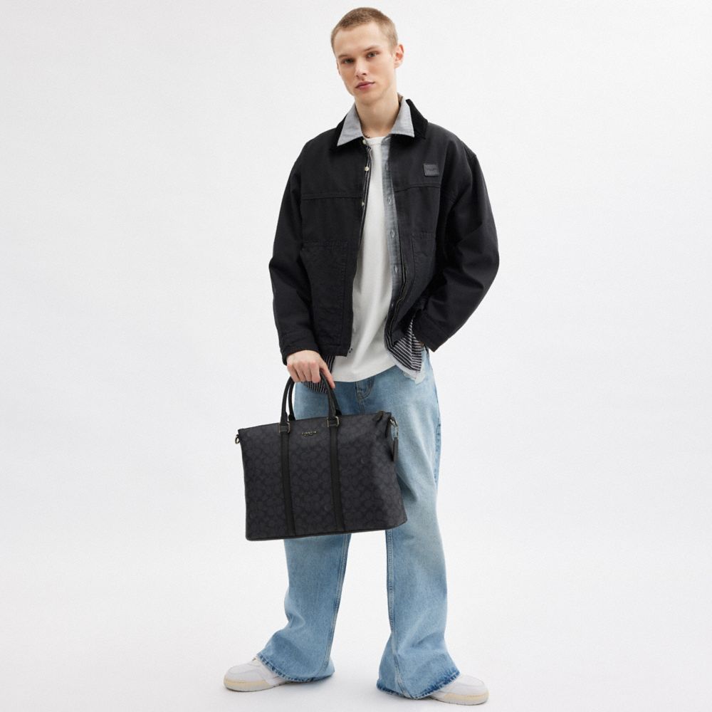 COACH®,Caleb Work Bag In Signature Canvas,Calfskin Leather,Canvas,Tote,Stripe,Work,Casual,Black,Detail View