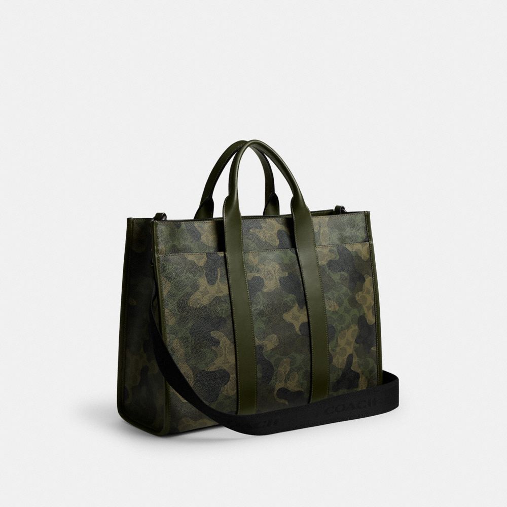 COACH®,Wesley Tote In Signature Camo Print,Canvas,Leather,Tote,Embossed,Metal,Logo,Adjustable,Casual,Olive,Angle View