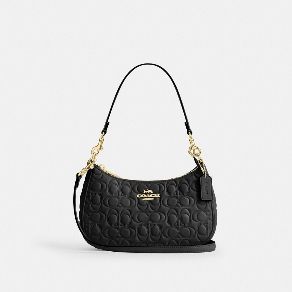 COACH®,Teri Shoulder Bag In Signature Leather,Black,Front View image number 0