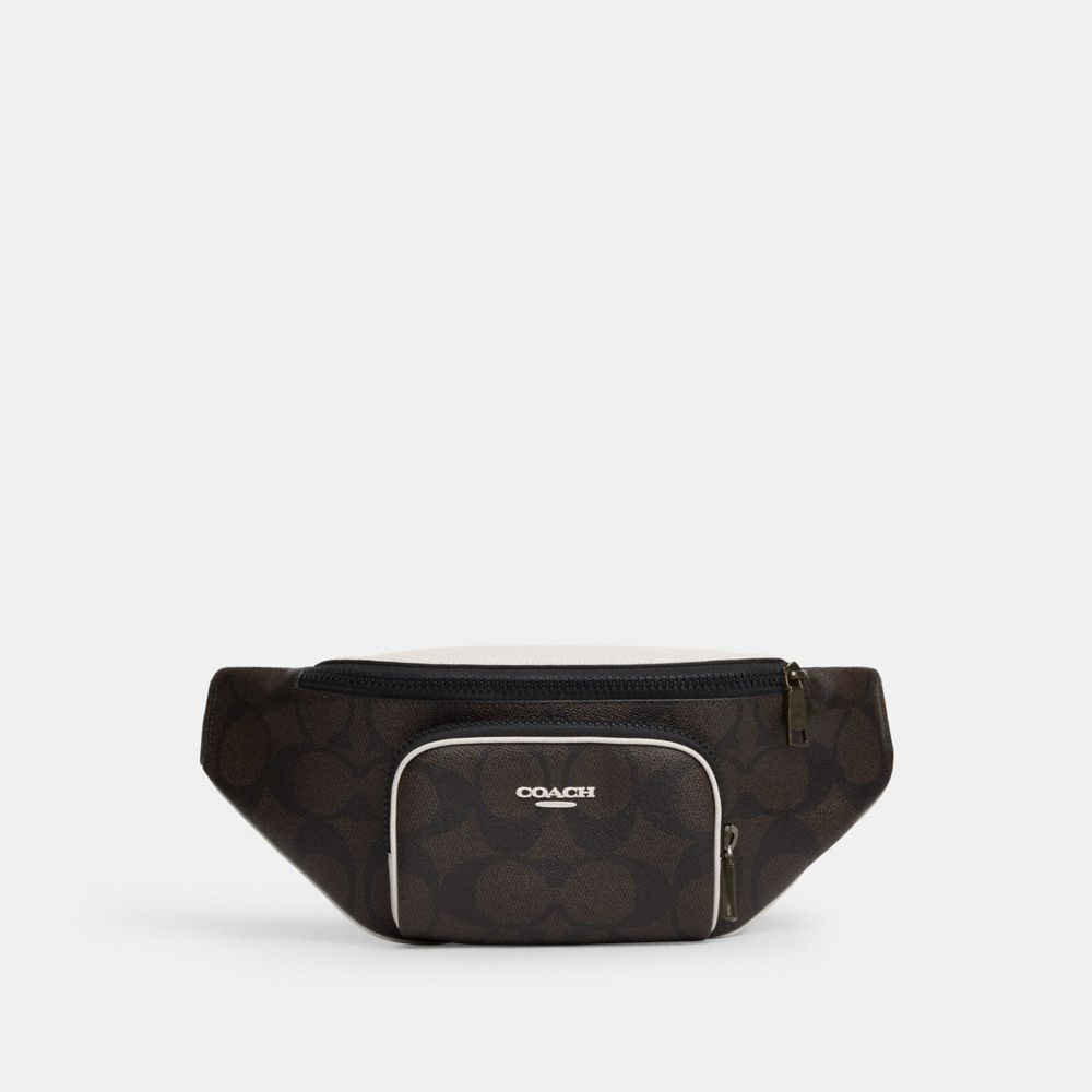 COACH®,Racer Belt Bag In Blocked Signature Canvas,Black,Front View