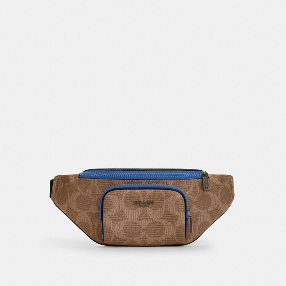 COACH®,Racer Belt Bag In Blocked Signature Canvas,Brown,Front View