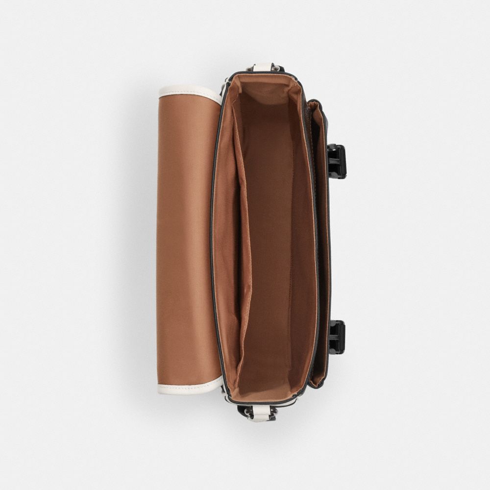 COACH®,Racer Messenger Bag In Blocked Signature Canvas,Calfskin Leather,Canvas,Messenger Bag,Piping,Metal,Adjustable,Casual,Black,Inside View,Top View