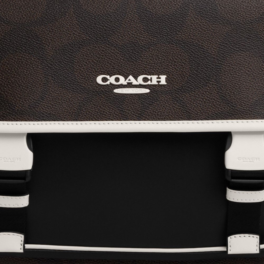 COACH®,Racer Messenger Bag In Blocked Signature Canvas,Calfskin Leather,Canvas,Messenger Bag,Piping,Metal,Adjustable,Casual,Black