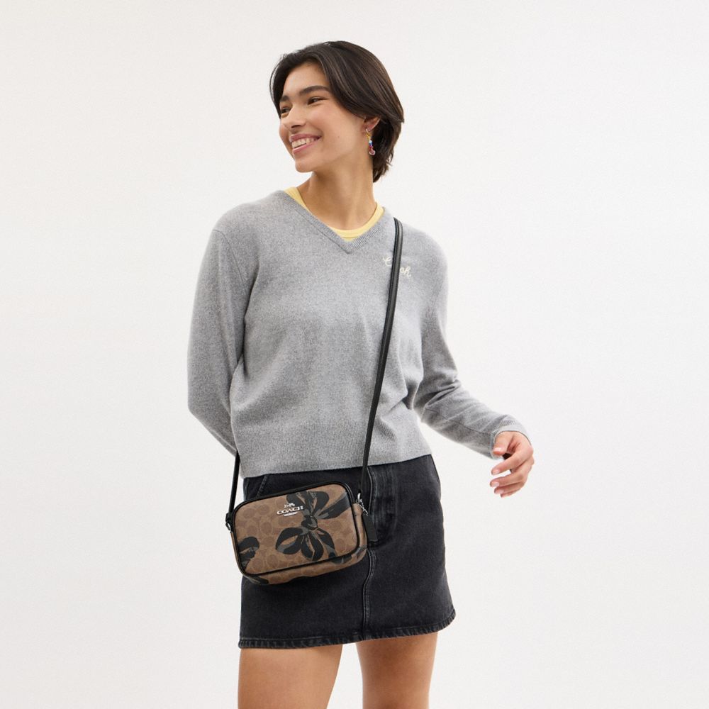 COACH®,Mini Jamie Camera Bag In Signature Canvas With Bow Print,Leather,Canvas,Camera Bag,Adjustable,Casual,Beige,Detail View
