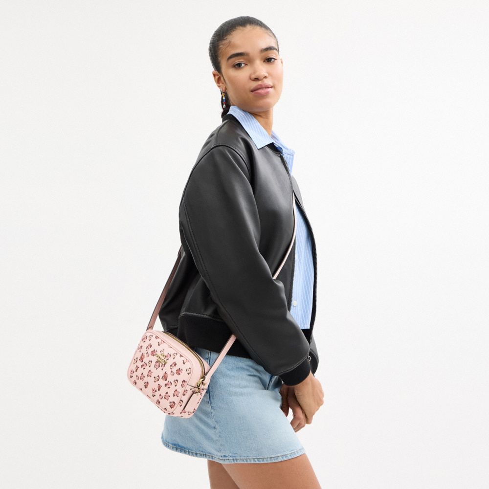 COACH®,Mini Jamie Camera Bag With Rose Print,Leather,Camera Bag,Metal,Logo,Adjustable,Casual,Pink,Detail View