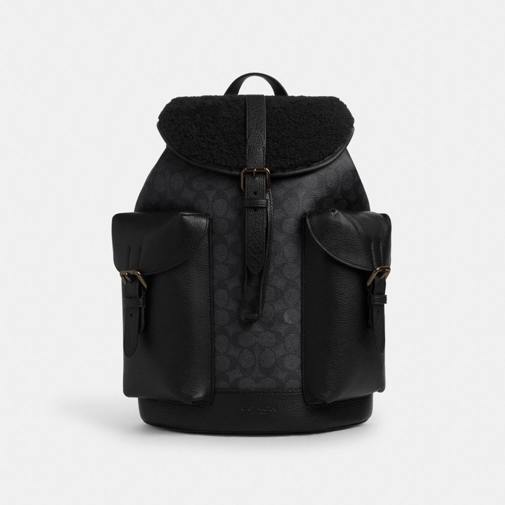 COACH®,Warner Backpack In Signature Canvas,Shearling,Canvas,Leather,Backpack,Shearling,Adjustable,Casual,Black,Front View