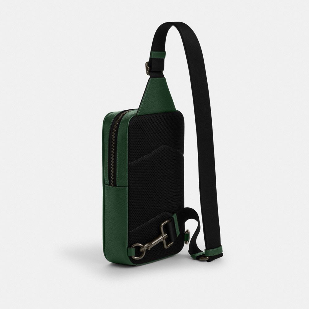 COACH®,Sullivan Pack,Leather,Calfskin Leather,Slingback,Embossed,Logo,Adjustable,Casual,Emerald,Angle View