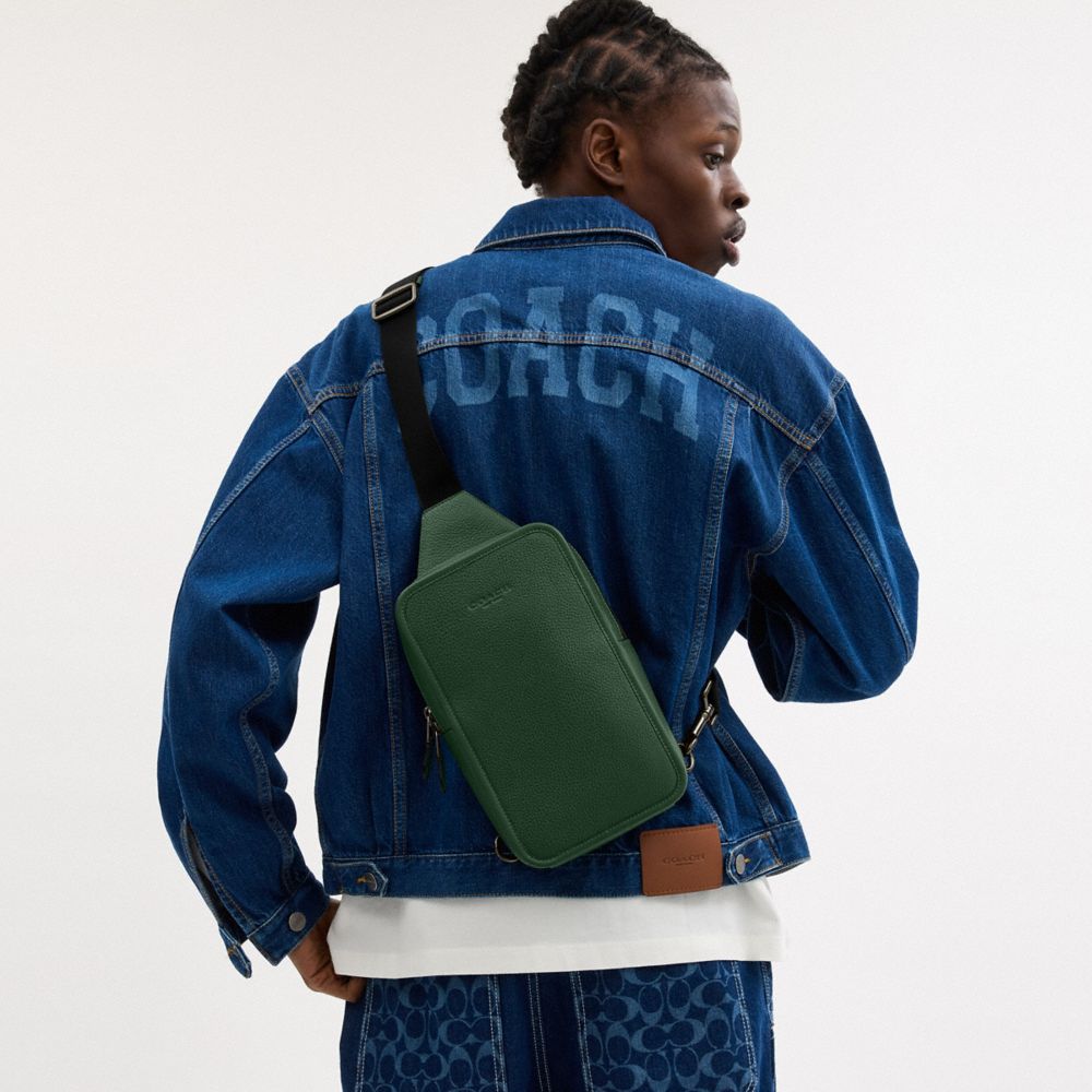 COACH®,Sullivan Pack,Leather,Calfskin Leather,Slingback,Embossed,Logo,Adjustable,Casual,Emerald,Detail View