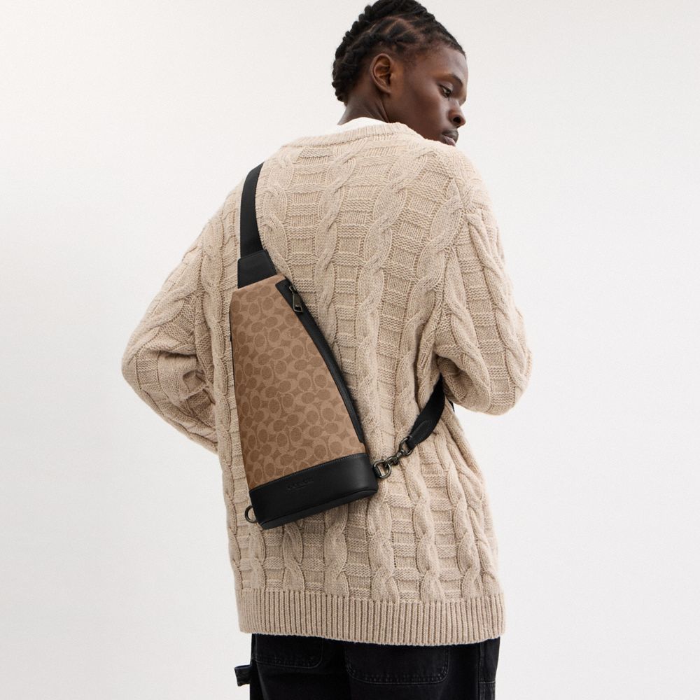 COACH®,Dominic Sling Pack In Signature Canvas,Canvas,Calfskin Leather,Slingback,Adjustable,Casual,Beige,Detail View