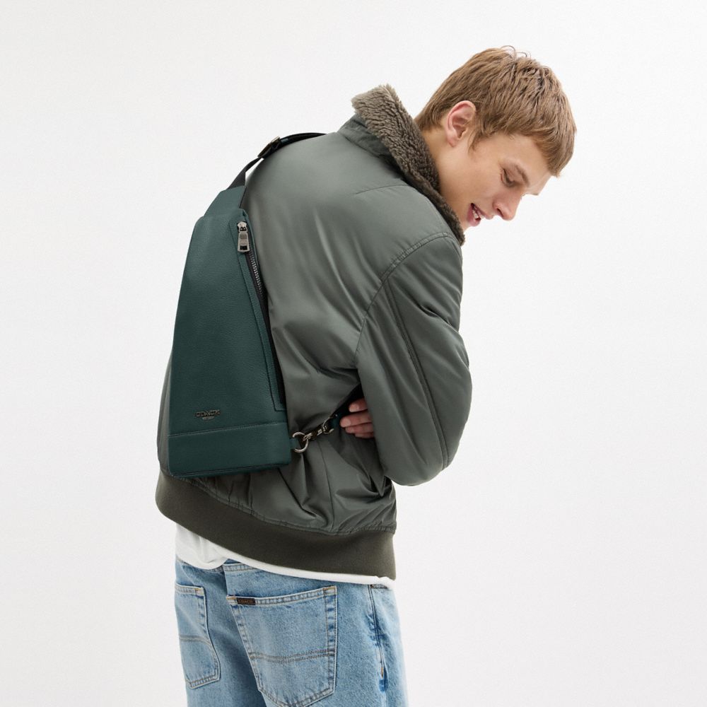 COACH®,Dominic Sling Pack,Slingback,Metal,Logo,Adjustable,Casual,Emerald,Detail View