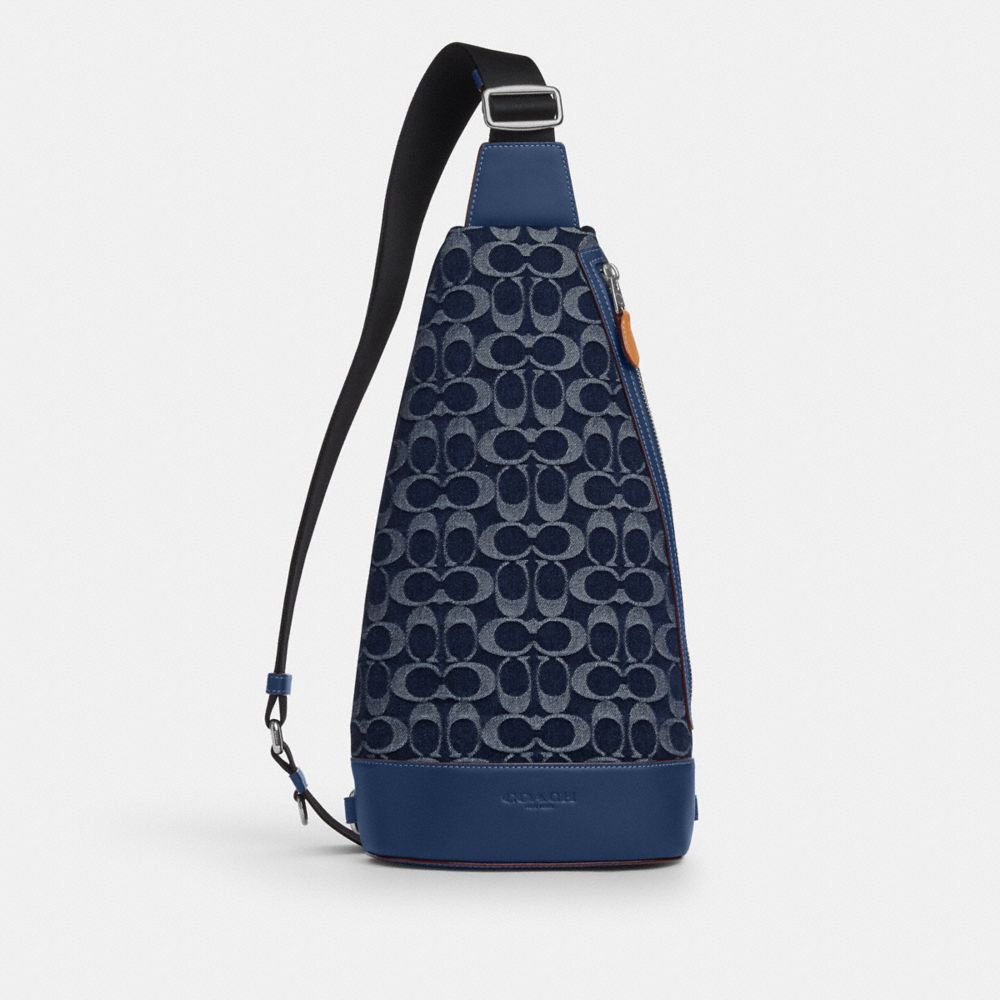 COACH®,Dominic Sling Pack In Signature Denim,Navy,Front View