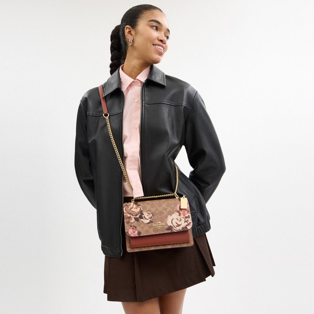 COACH®,Klare Crossbody Bag In Signature Canvas With Rose Print,Canvas,Leather,Crossbody,Color Block,Metal,Logo,Adjustable,...,Brown,Detail View
