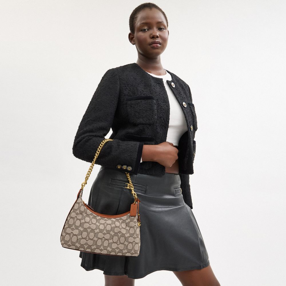 COACH®,Juliet Shoulder Bag 25 In Signature Textile Jacquard,Recycled Polyester,Cotton,Shoulder Bag,Piping,Chain Detail,Bra...,Multi Color,Detail View