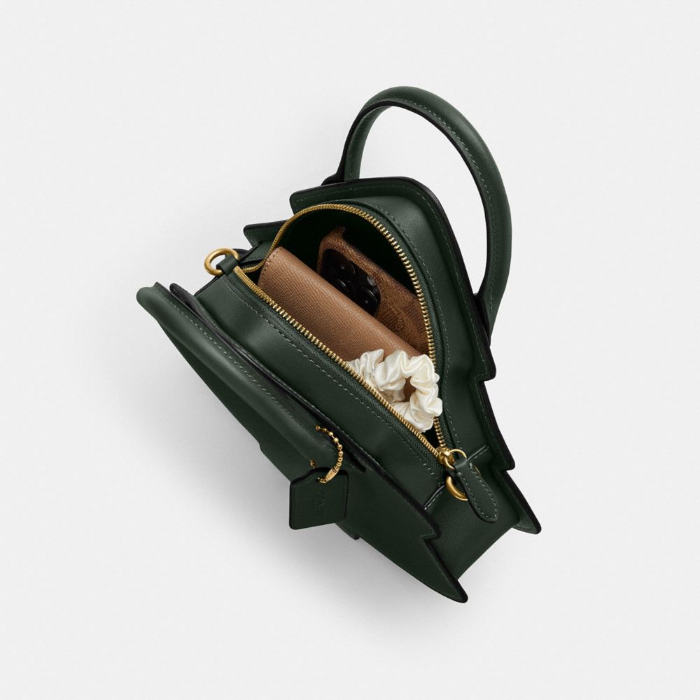 COACH®,Tree Bag In Regenerative Leather,Leather,Crossbody,3D Embellishment,Sustainable,Brass,Casual,Emerald,Inside View,Top View