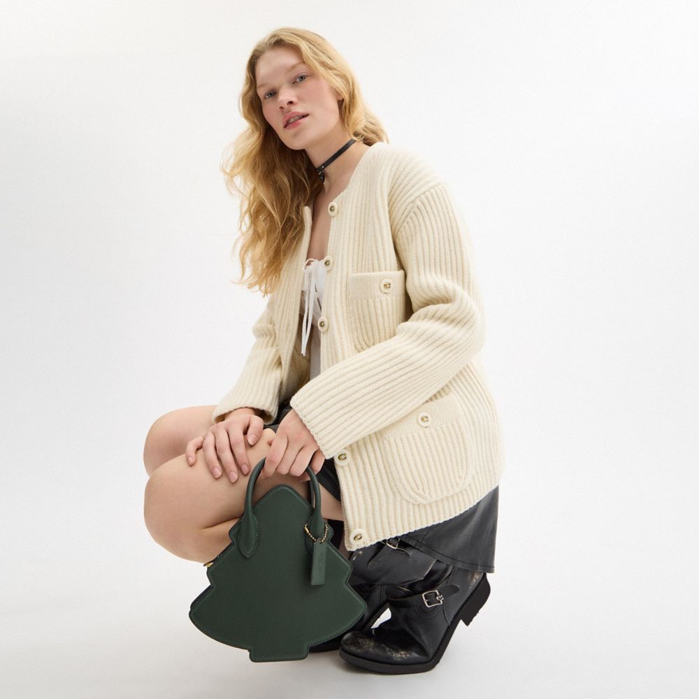 COACH®,Tree Bag In Regenerative Leather,Leather,Crossbody,3D Embellishment,Sustainable,Brass,Casual,Emerald,Detail View