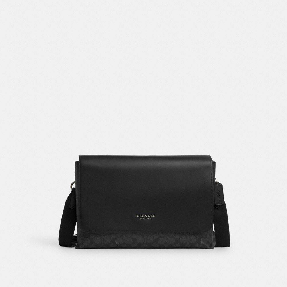 COACH®,Caleb Messenger Bag In Signature Canvas,Black,Front View image number 0