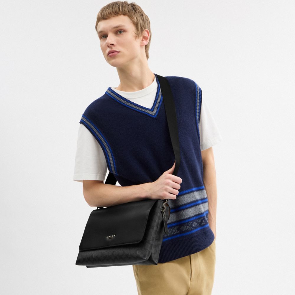 COACH®,Caleb Messenger Bag In Signature Canvas,Calfskin Leather,Canvas,Crossbody,Color Block,Adjustable,Casual,Black,Detail View