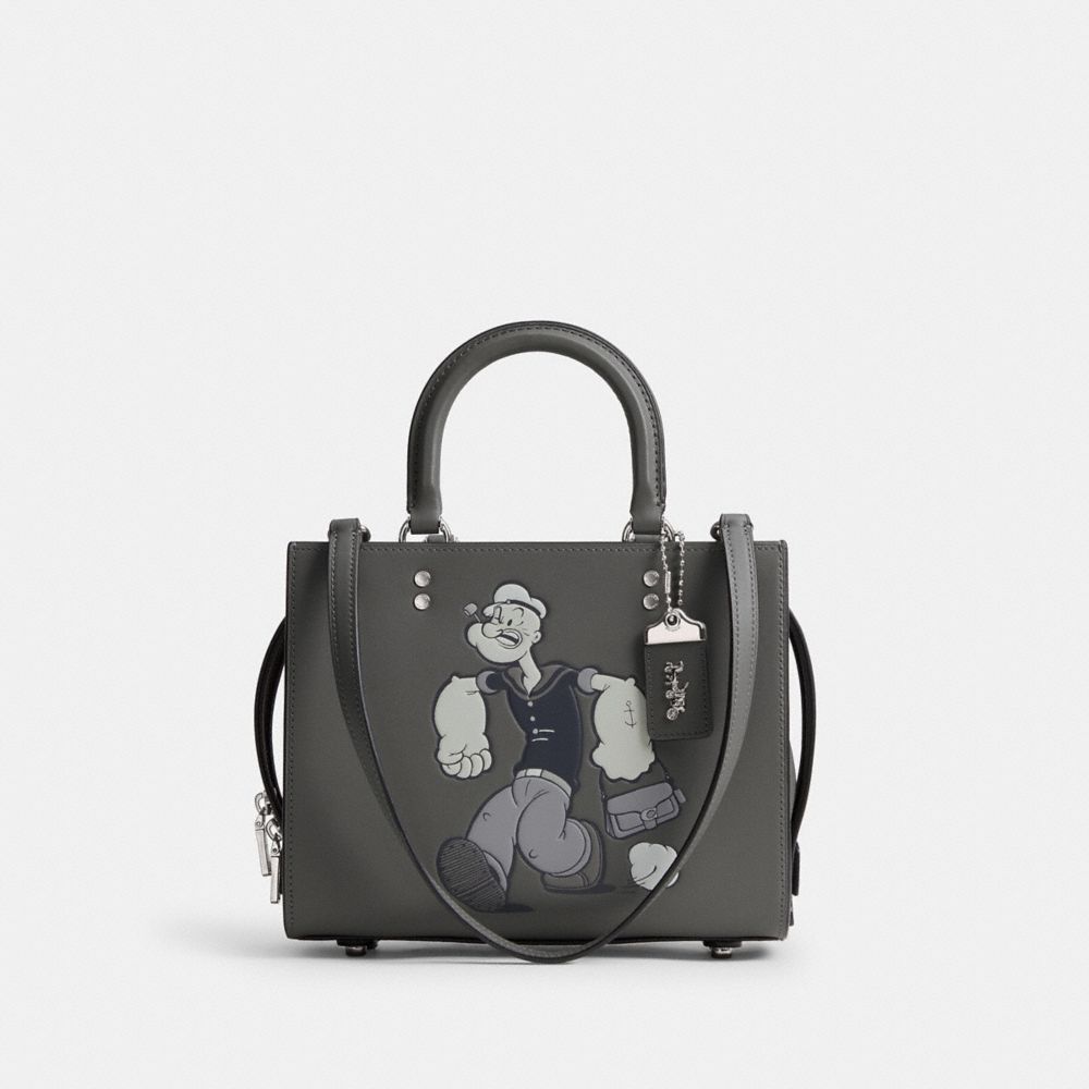 COACH®,Coach X Popeye Rogue Bag 25,Leather,Satchel,Studded,Logo,Adjustable,Silver Metal,Casual,Gray,Front View