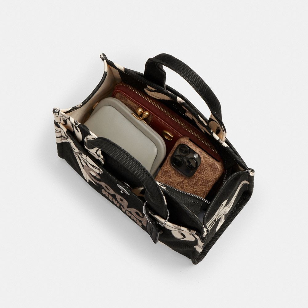 COACH®,Cargo Tote Bag 26 With Bow Print,Cotton,Crossbody,Sustainable,Silver Metal,Casual,Black,Inside View,Top View