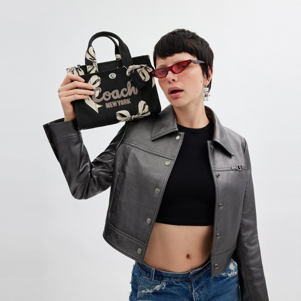 COACH®,Cargo Tote Bag 26 With Bow Print,Cotton,Crossbody,Sustainable,Silver Metal,Casual,Black,Detail View