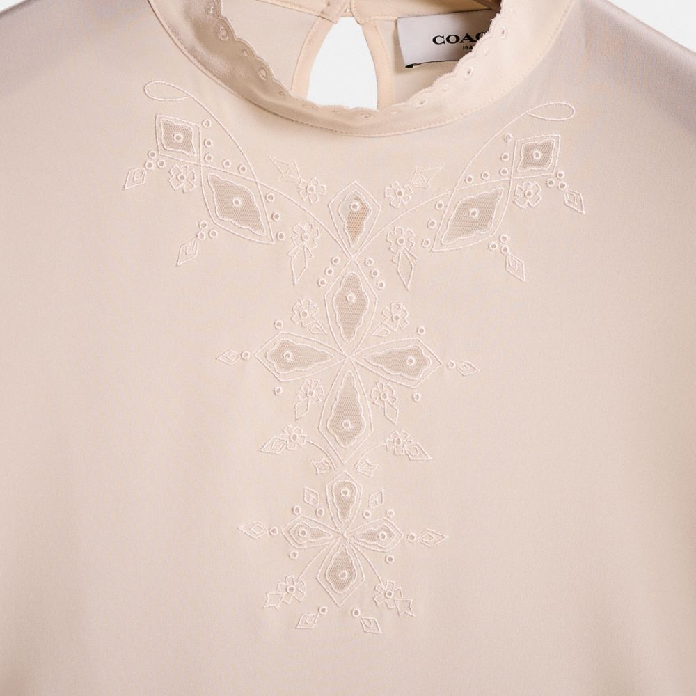 COACH®,Restored Embroidered Top,Silk,Blouse,Eyelet,Frills,Embroidered,Day Party,Cream,Scale View
