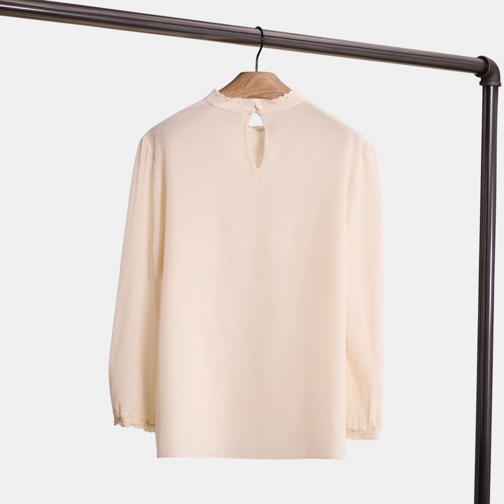 COACH®,Restored Embroidered Top,Silk,Blouse,Eyelet,Frills,Embroidered,Day Party,Cream,Back View