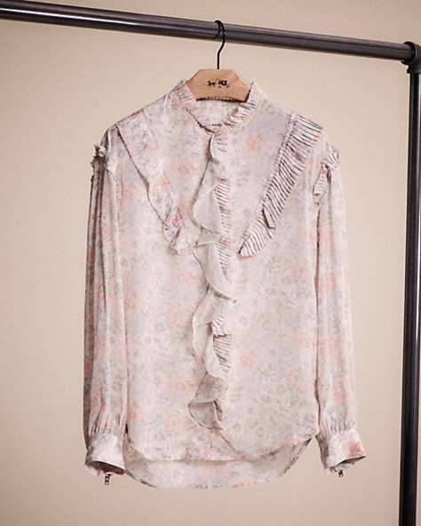 COACH®,RESTORED PRINTED LONG SLEEVE BLOUSE WITH RUFFLES,Cream/Grey,Front View