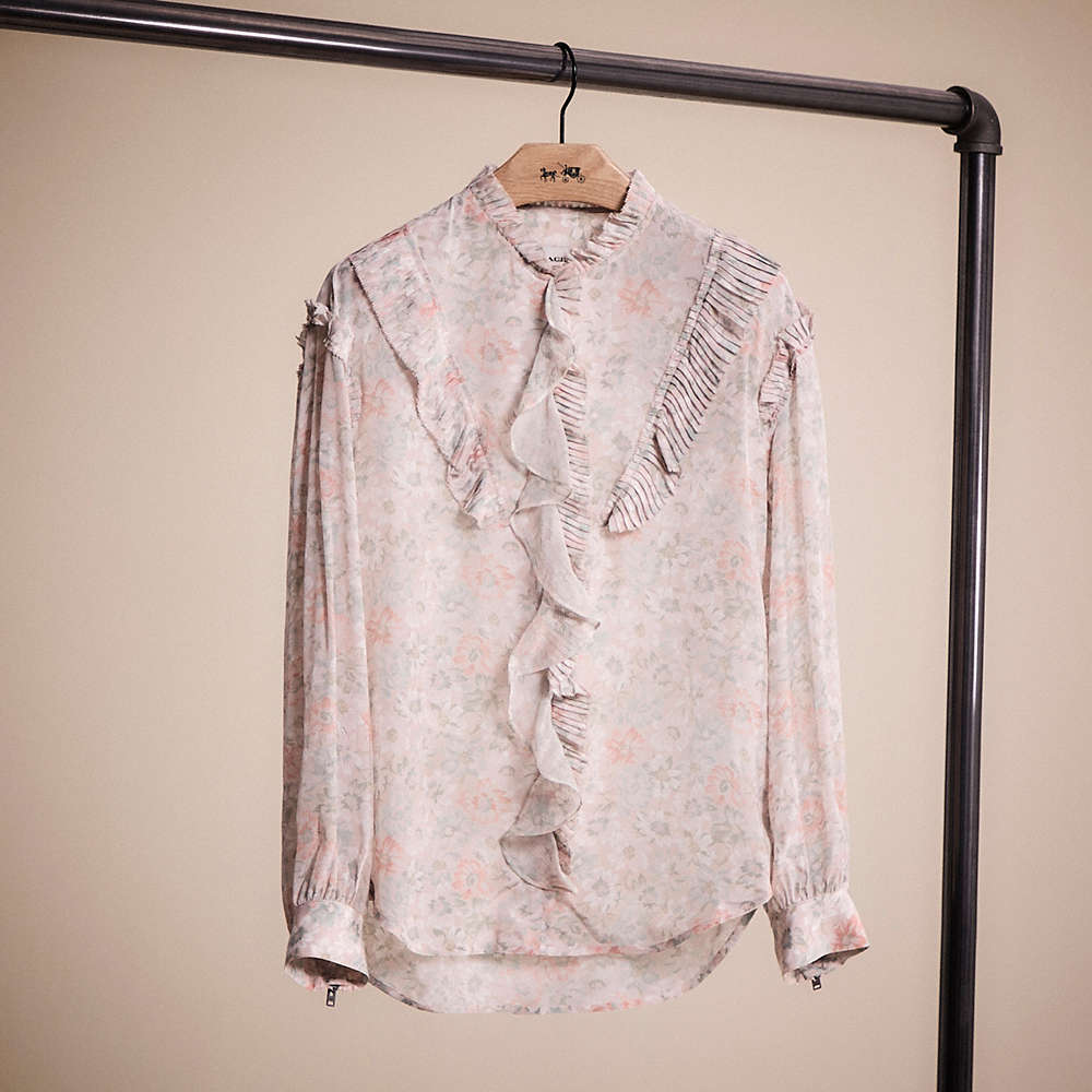 Coach Restored Printed Long Sleeve Blouse With Ruffles In Metallic