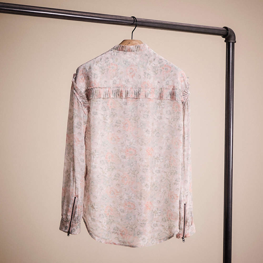 Shop Coach Restored Printed Long Sleeve Blouse With Ruffles In Cream/grey