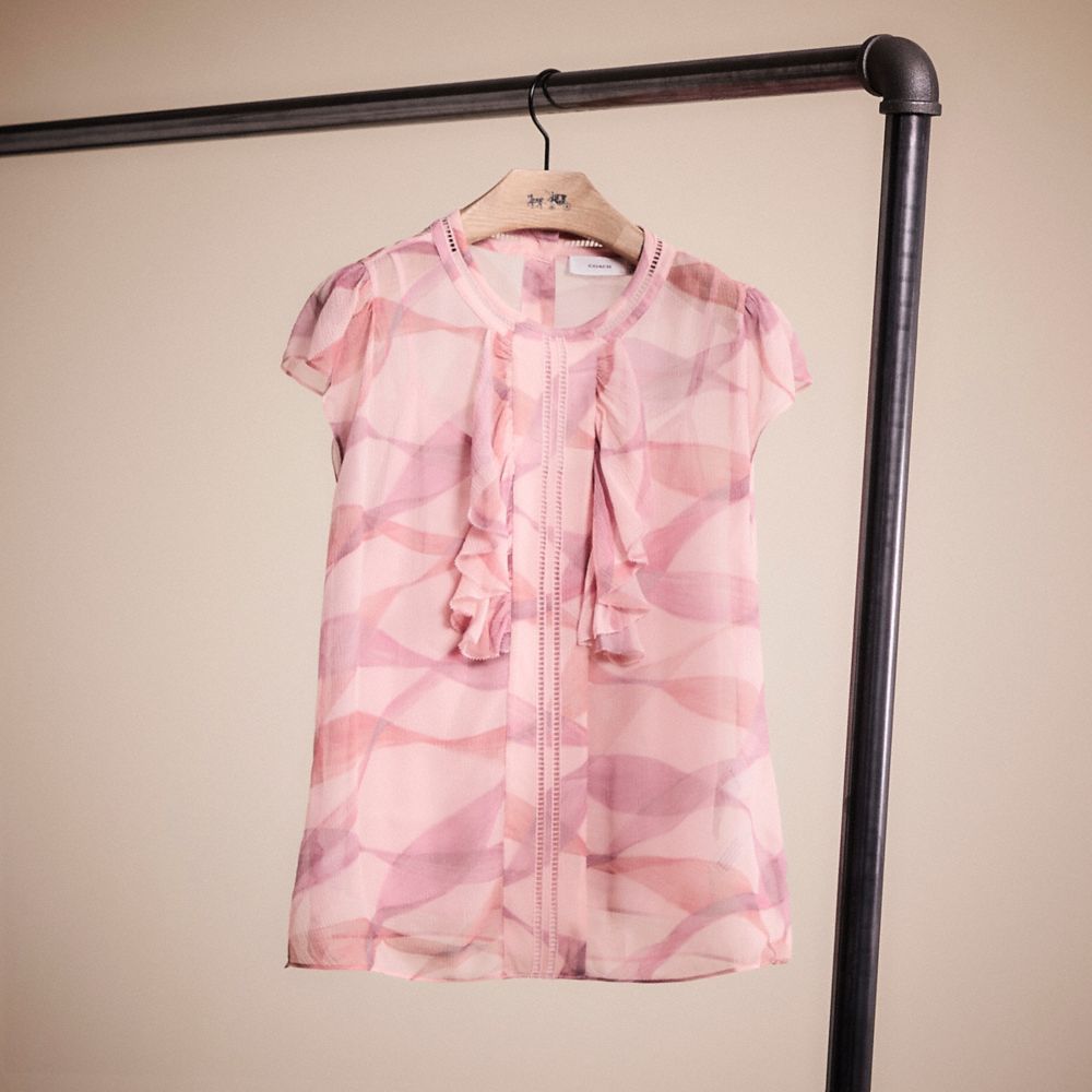 COACH®,RESTORED PRINTED RUFFLE BLOUSE,Pink/Coral,Front View