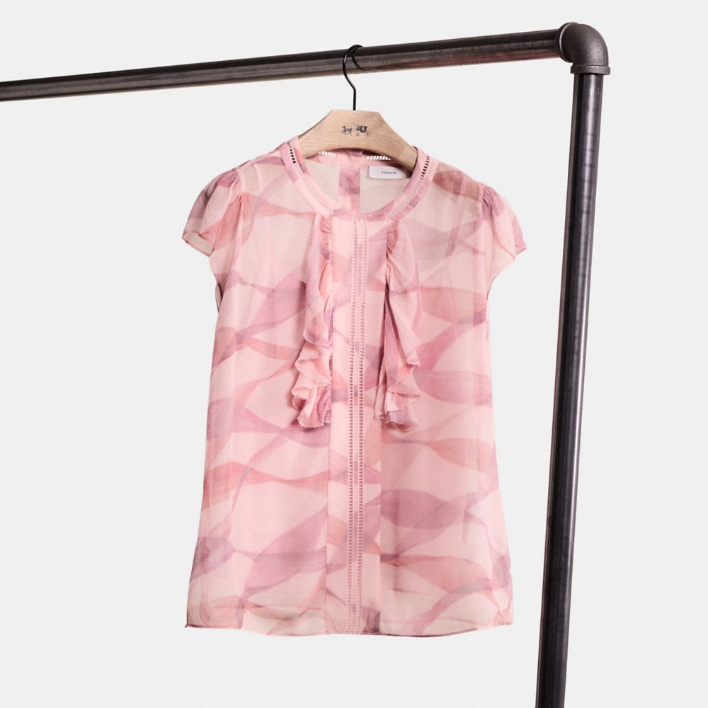 COACH®,RESTORED PRINTED RUFFLE BLOUSE,Pink/Coral,Front View