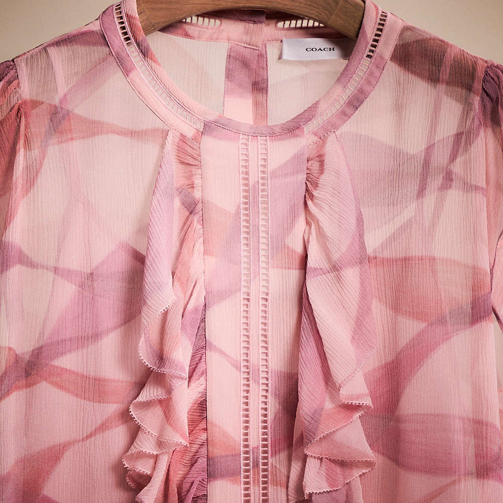 Shop Coach Restored Printed Ruffle Blouse In Pink/coral
