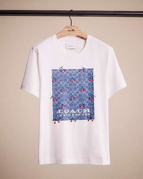 COACH®,RESTORED SIGNATURE CHERRY T-SHIRT IN ORGANIC COTTON,White,Front View