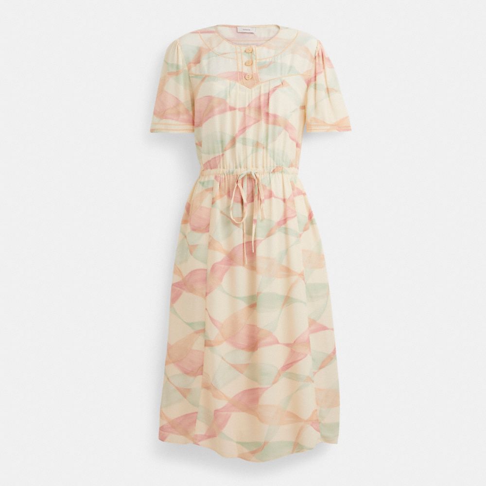 COACH®,RESTORED TROMPE L'OEIL SHORT SLEEVE DRESS,Peach/Green,Front View