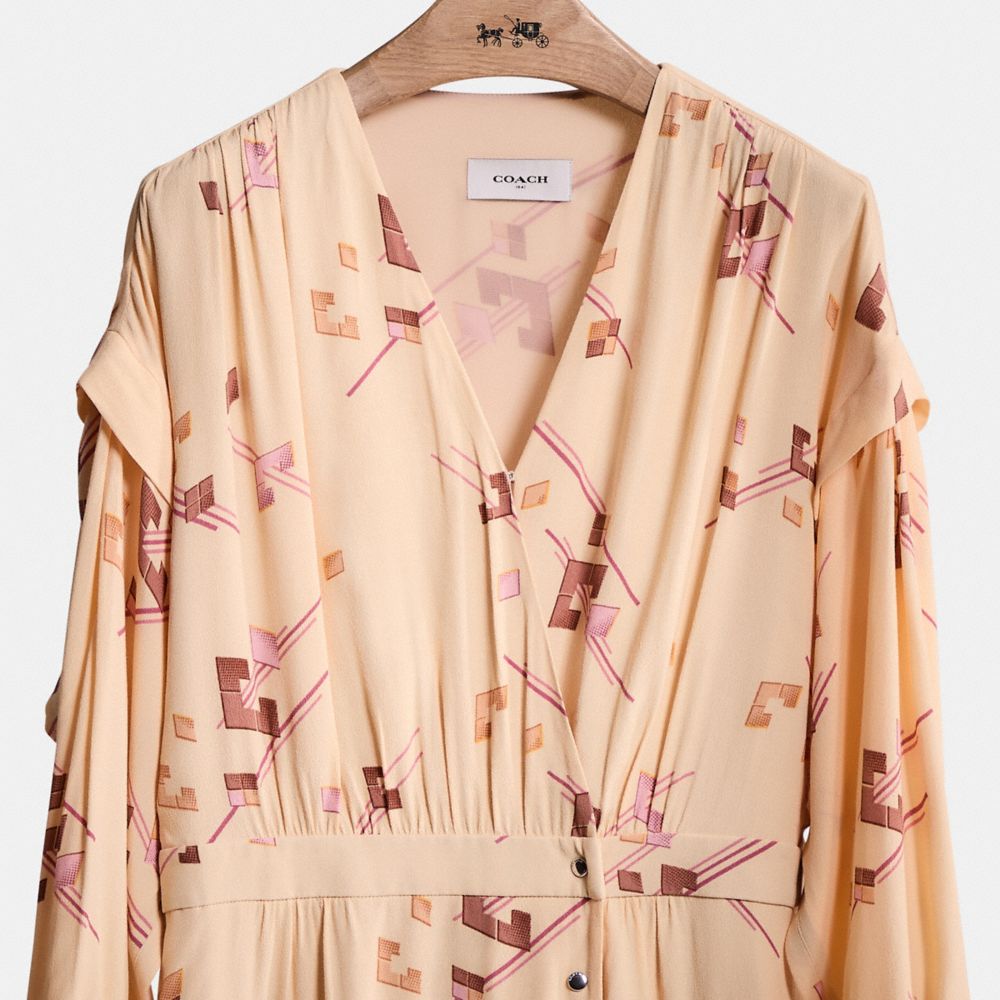 COACH®,Restored Crepe Draped Midi Dress,Rayon,Viscose,A-Line,Wrap Dress,Pleats,Ruched,Day Party,Beige,Scale View