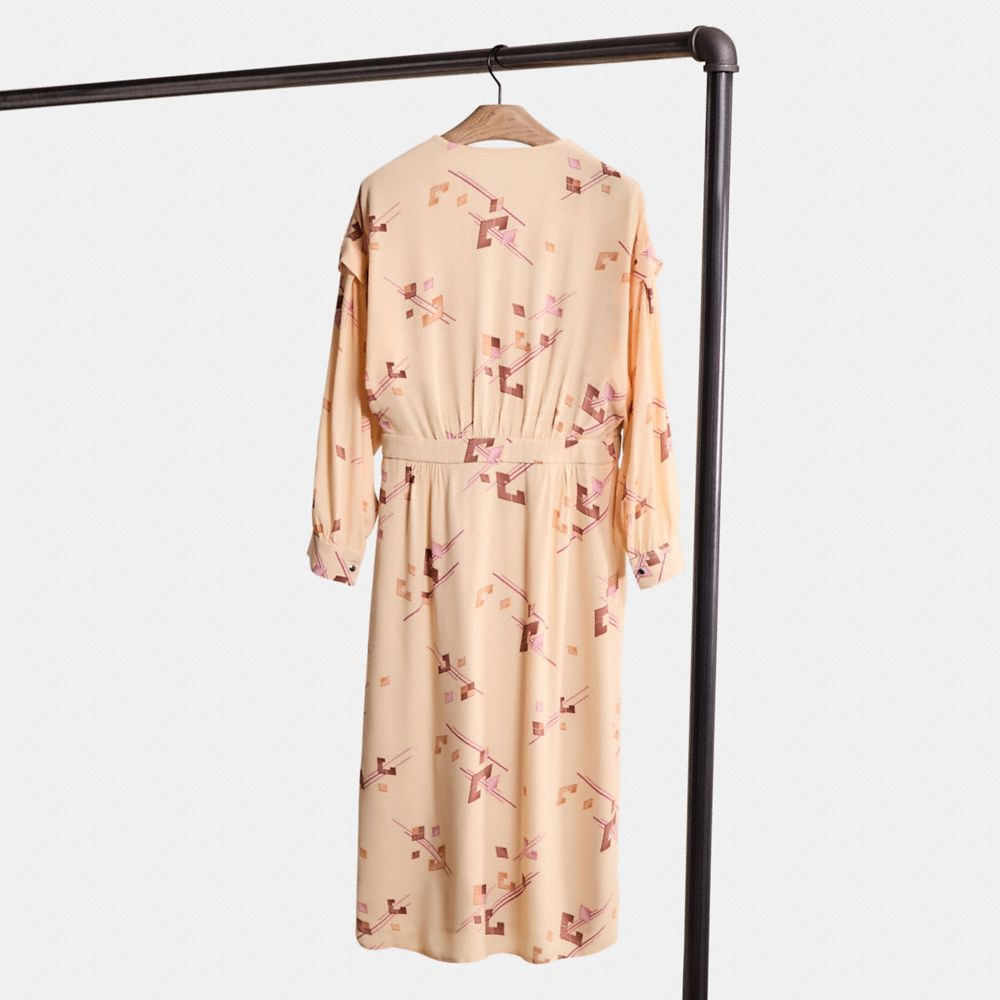 COACH®,Restored Crepe Draped Midi Dress,Rayon,Viscose,A-Line,Wrap Dress,Pleats,Ruched,Day Party,Beige,Back View