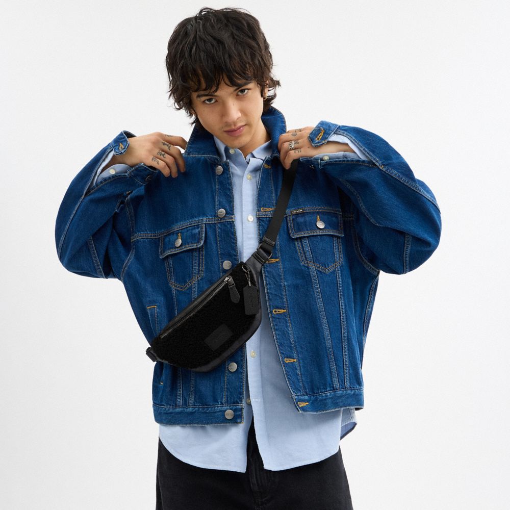 COACH®,Warren Mini Belt Bag In Signature Canvas,Leather,Shearling,Canvas,Belt Bag,Color Block,Logo,Applique,Shearling,Adju...,Black,Detail View