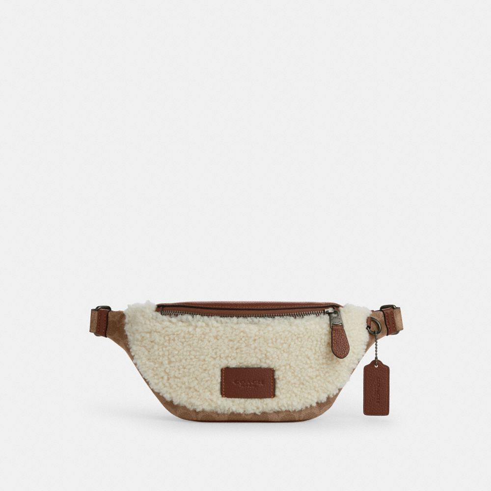 COACH®,Warren Mini Belt Bag In Signature Canvas,Leather,Shearling,Canvas,Belt Bag,Color Block,Logo,Applique,Shearling,Adju...,Cream,Front View