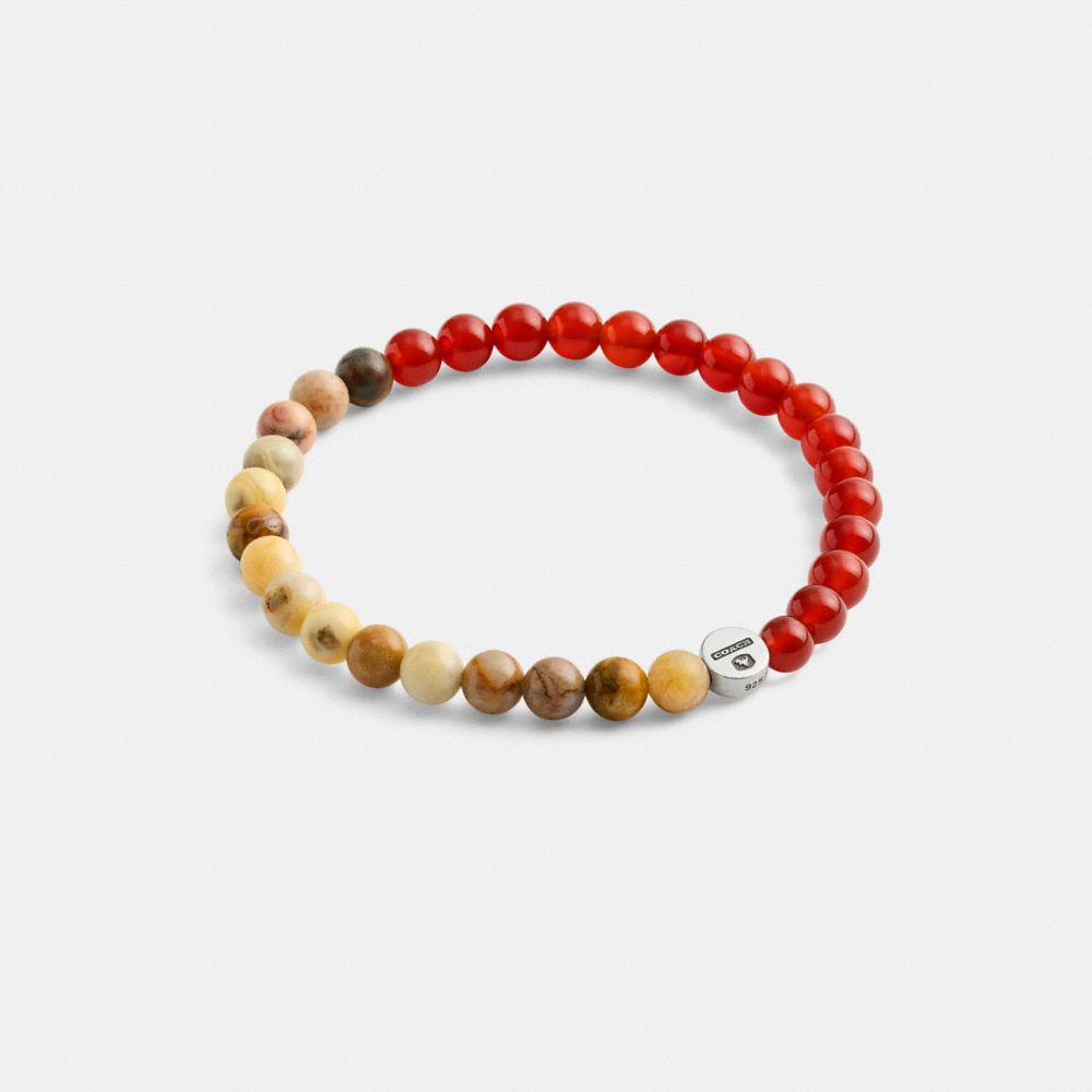 COACH®,Disc Beaded Stretch Bracelet,Wood,Jasper,Beaded,Bead Embellishment,Logo,Sterling Silver,Casual,Multi Color,Front View