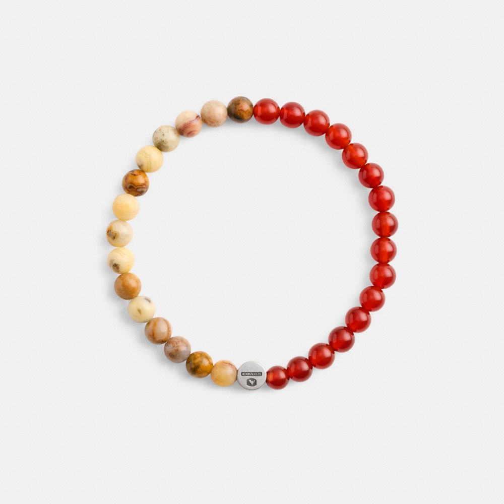 COACH®,Disc Beaded Stretch Bracelet,Wood,Jasper,Beaded,Bead Embellishment,Logo,Sterling Silver,Casual,Multi Color,Inside View,Top View